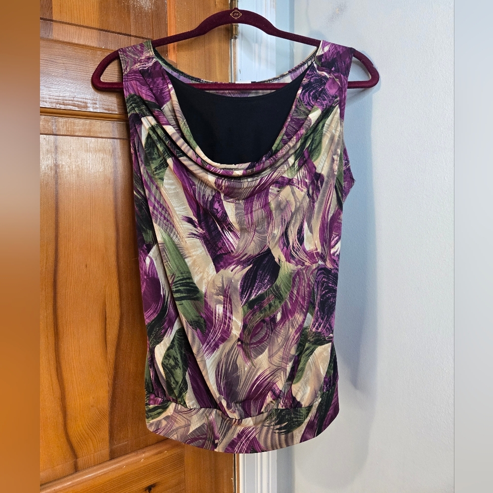 Perseption Purple and Green Abstract Blouse Sz M Made In USA